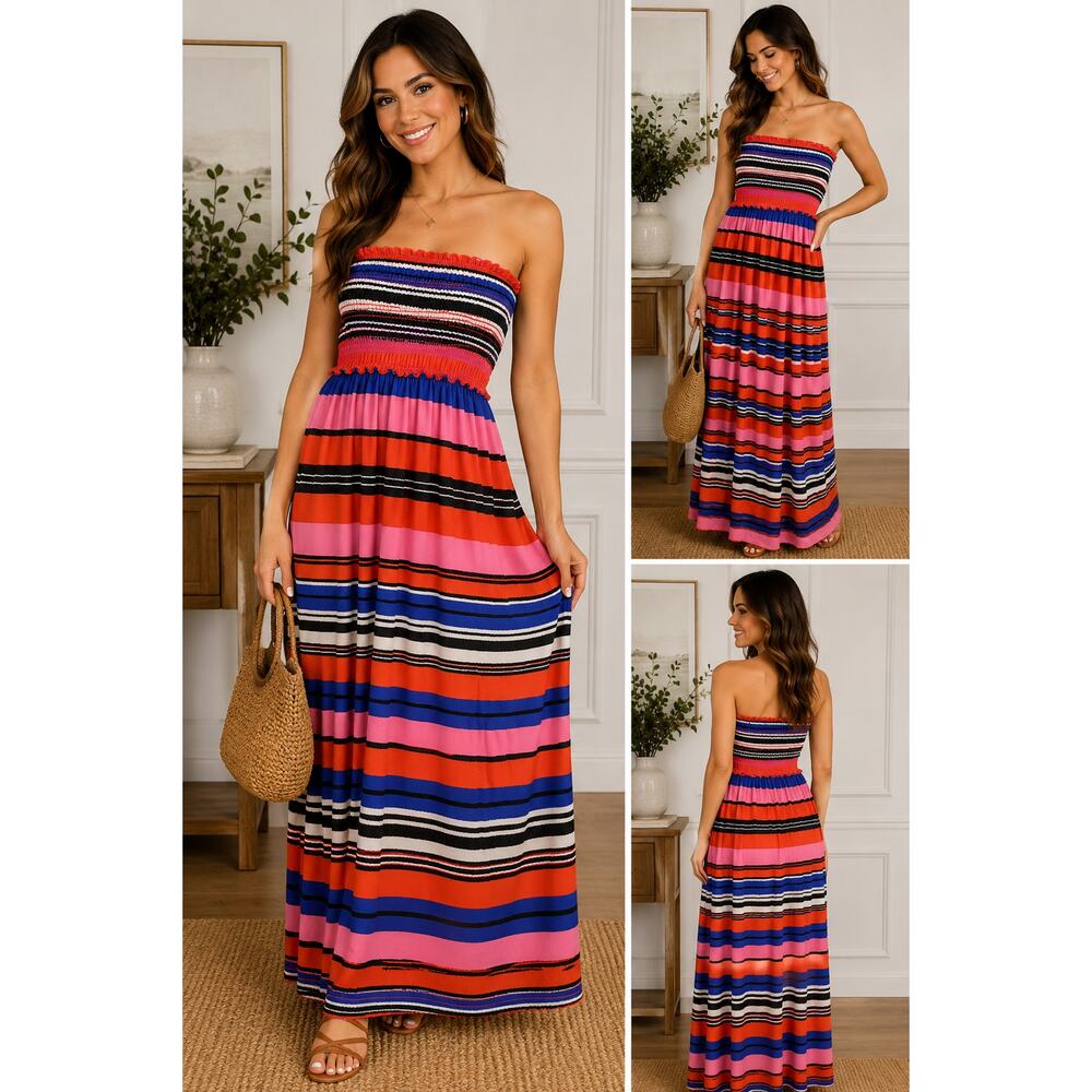 Espresso Strapless Smocked Maxi Dress – Size Medium – Vibrant Multicolor Stripe